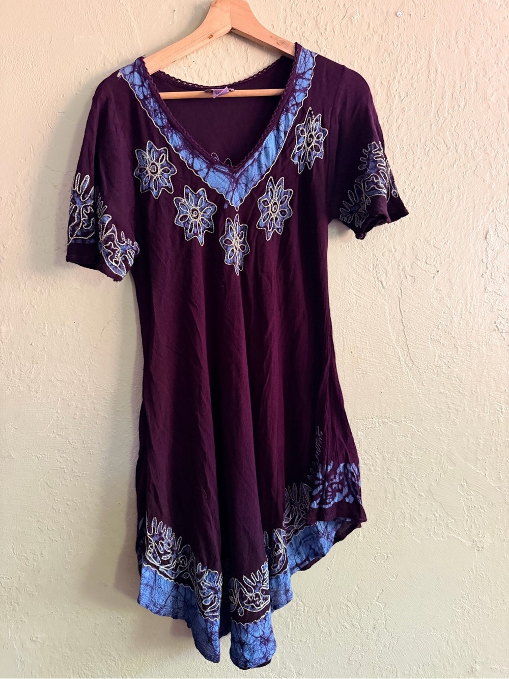 Asymmetrical V-Neck Dress in Deep Purple with Blue Trim